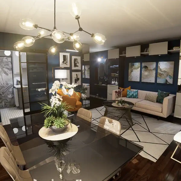 Vue globale du séjour art-déco depuis la table de la salle à manger.