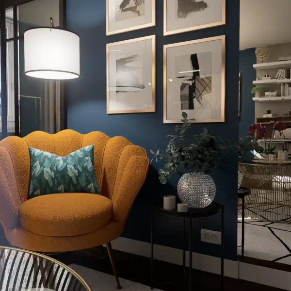 Un petit coin lecture cosy mis en valeur par un fauteuil "coquillage" en velours au ton contrastant.