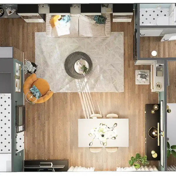 La nouvelle configuration du séjour. En supprimant la cloison du couloir, on récupère 11m² et grâce à un aménagement réfléchi on ne perd pas de rangement.