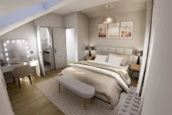 Vue d'ensemble d'une suite parentale moderne et lumineuse, lit double beige, coiffeuse, banc en bout de lit, ambiance douce et épurée.