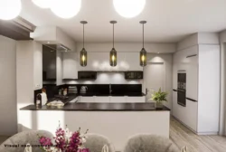 Visuel 3D de la nouvelle cuisine, montrant les meubles blancs, le plan de travail noir et l'îlot central.